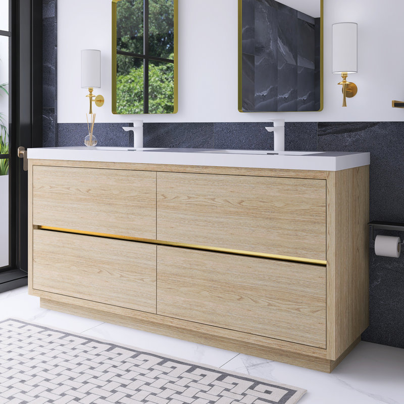 72 In. Double Sink Freestanding Bathroom Vanity, Oak Natural Wood