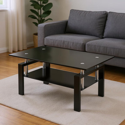 Table basse 39 po en acier et verre noir avec tablette