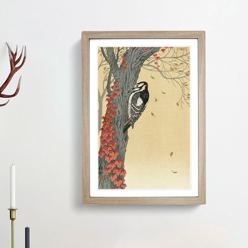 Great Spotted Woodpecker by Ohara Koson - Picture Frame Painting Print, Oak Framed, 48cm H x 36cm W x 2cm D
