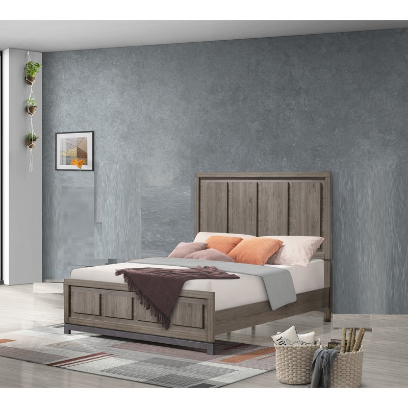 Très grand lit transitionnel de style contemporain, assemblage simple et tons de bois riches, design élégant et minimaliste en chêne gris chaud