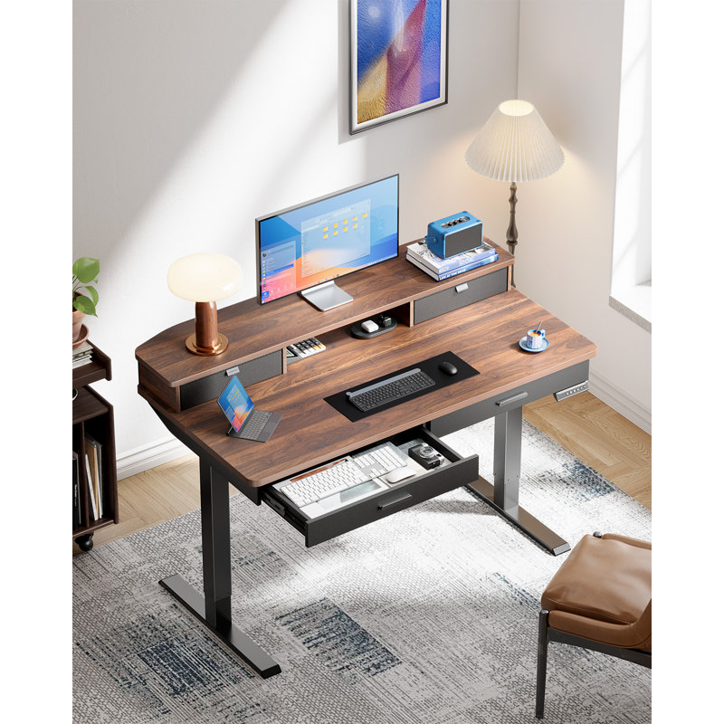 Height Adjustable Electric Standing Desk With Storage Shelf And Pull-Out Drawer, Modern Ergonomic Computer Workstation