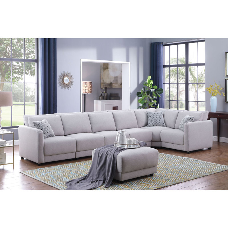 Canapé modulaire en L Lane, repose-pieds, 3 coussins, gris clair, 95 pouces, Orienté à droite, Lin gris