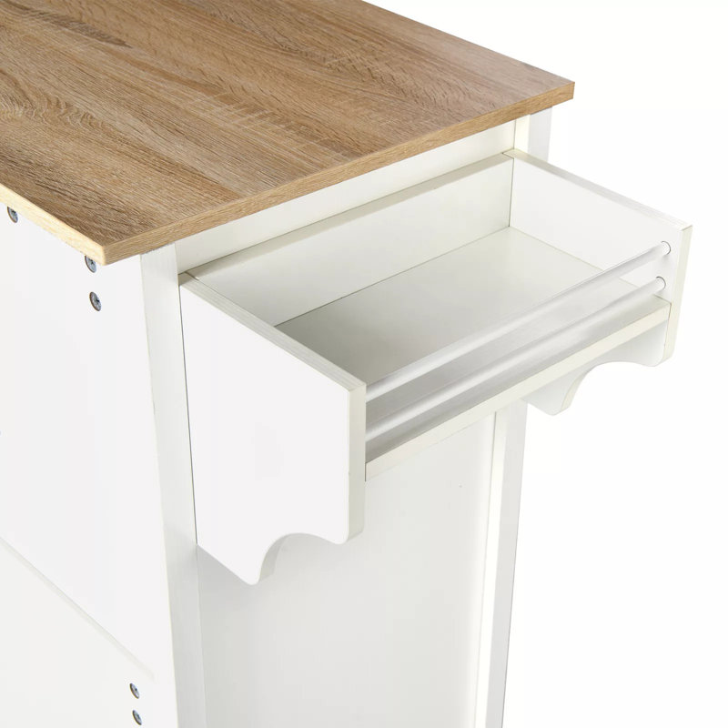 Rolling Kitchen Island Cart On Wheels With Drawer Open Shelves & Spice Rack With Storage For Dining Room, White