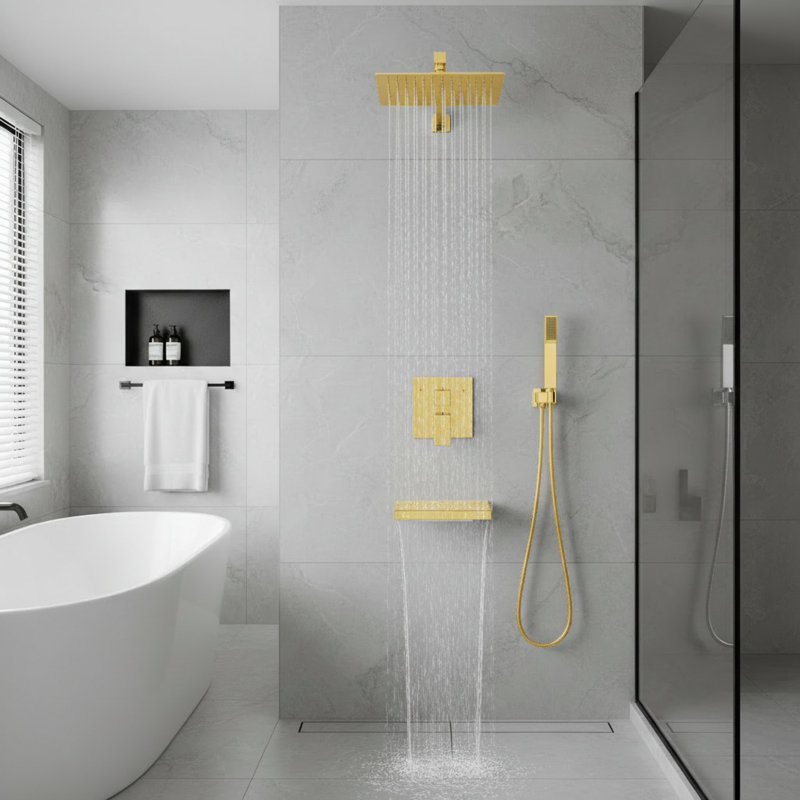 Modern Shower Faucets & Systems, Brushed Gold Metal Set With Waterfall Tub Spout