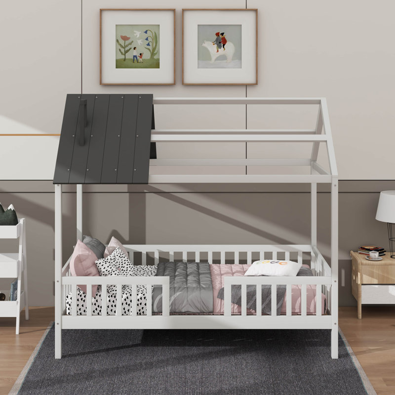 Lit simple en bois avec clôture, Blanc / Gris