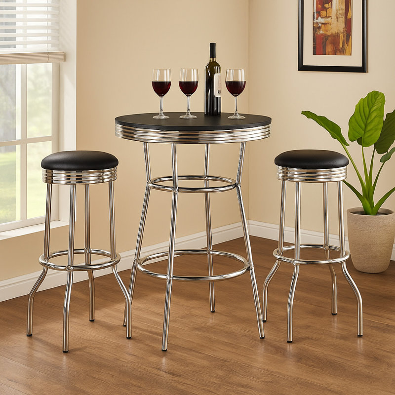 Ensemble de table de bar 3 pièces Loy, plateau rond blanc, 2 tabourets, chrome, Noir