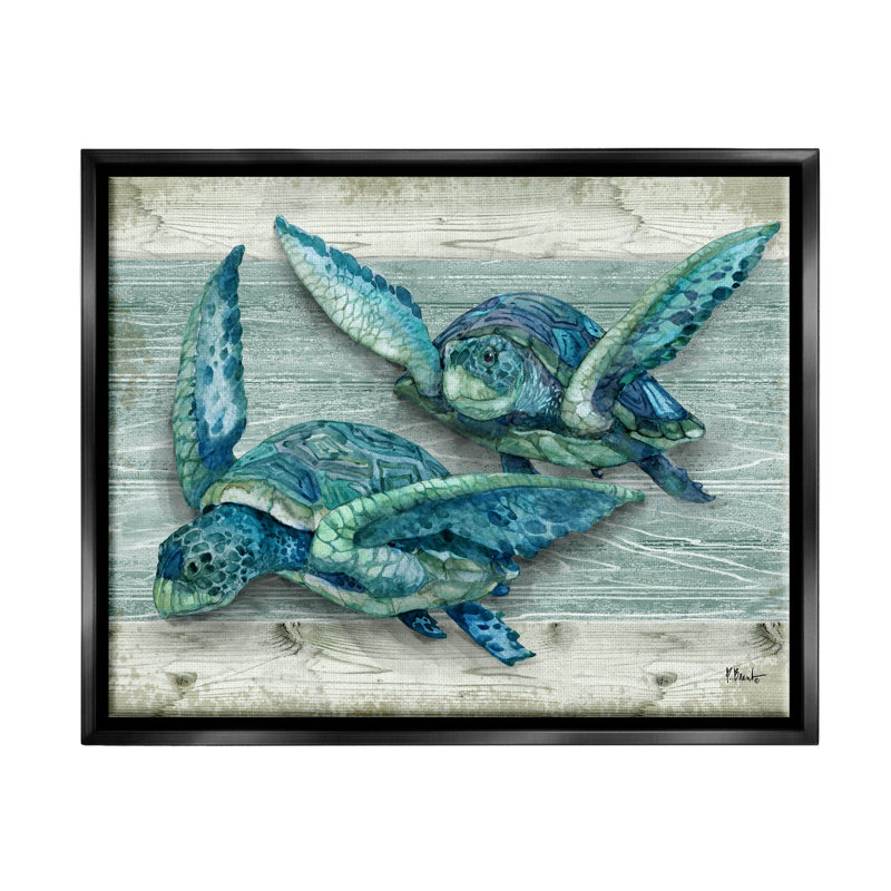 «Northpoint Sea Turtles Sealife Jet Black» par Paul Brent, H 17 po x l 21 po x P 1,7 po, Cadre flottant noir de jais