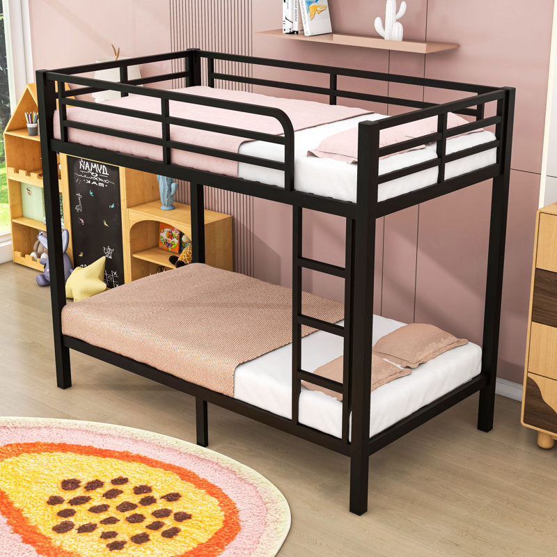Full XL Over Full XL Metal Bunk Bed With Guardrails And Ladder, Twin Over Twin, Black