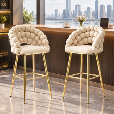 Tabourets de bar modernes en velours capitonné à dossier à bulles, hauteur du siège de 77,5 cm (30,5 po), piètement doré