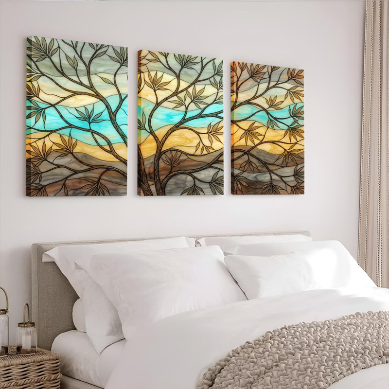 Ensemble de 3 tableaux muraux sur toile tendue représentant un paysage d'arbres en vitrail, H 18 po x l 36 po