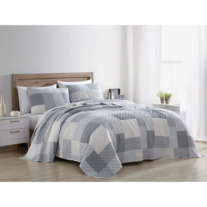 Pre-Washed Lightweight Plaid Printed Patchwork Quilt Set , Queen Quilt + 2 Standard Shams