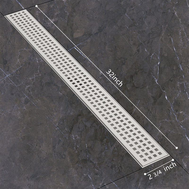 Long drain de douche rectangulaire long avec couvercle de drain carré et attrape-cheveux, acier inoxydable, nickel brossé