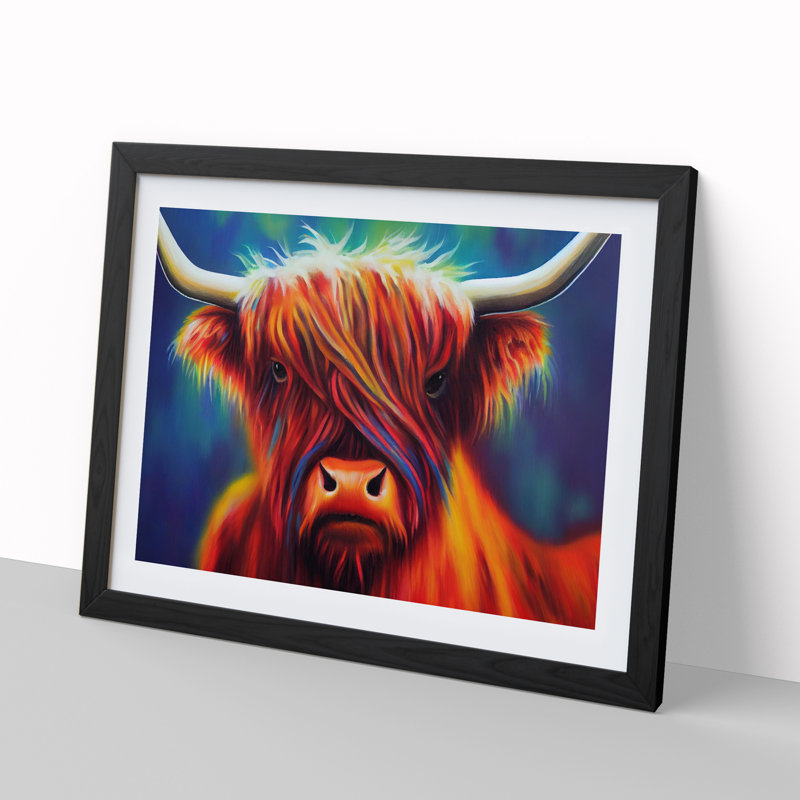 Colourful Highland Cow Vol.2 - Single Picture Frame Painting, 46cm H x 64cm W x 2cm D, Black Framed