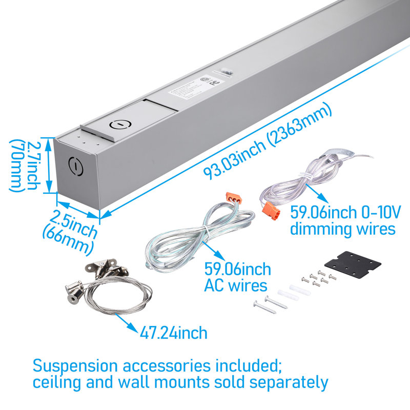 Éclairage linéaire commercial à intensité variable 8FT 80W 3CCT, 3000K / 4000K / 5000K, Argent argent