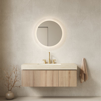 Meuble-lavabo de salle de bain 48 po avec motif en pierre frittée, lavabo en céramique, 3 trous de robinet, tiroir à fermeture en douceur, lavabo flottant pré-assemblé aspect chêne blanc, portes, système