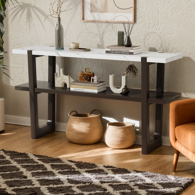 54" Modern Console Table With Rubber Wood Frame & Marble-Effect Top, Elegant Sofa Table, Retro Entryway Table, Hallway Table For Living Room Home Office