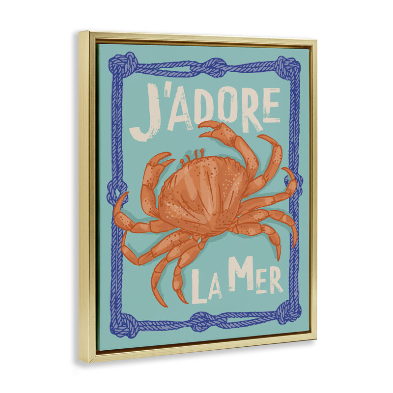  J'adore La Mer Crab Canvas Wall Art by Lisa Perry Whitebutton, H 21 po x l 17 po, Cadre flottant métallique doré