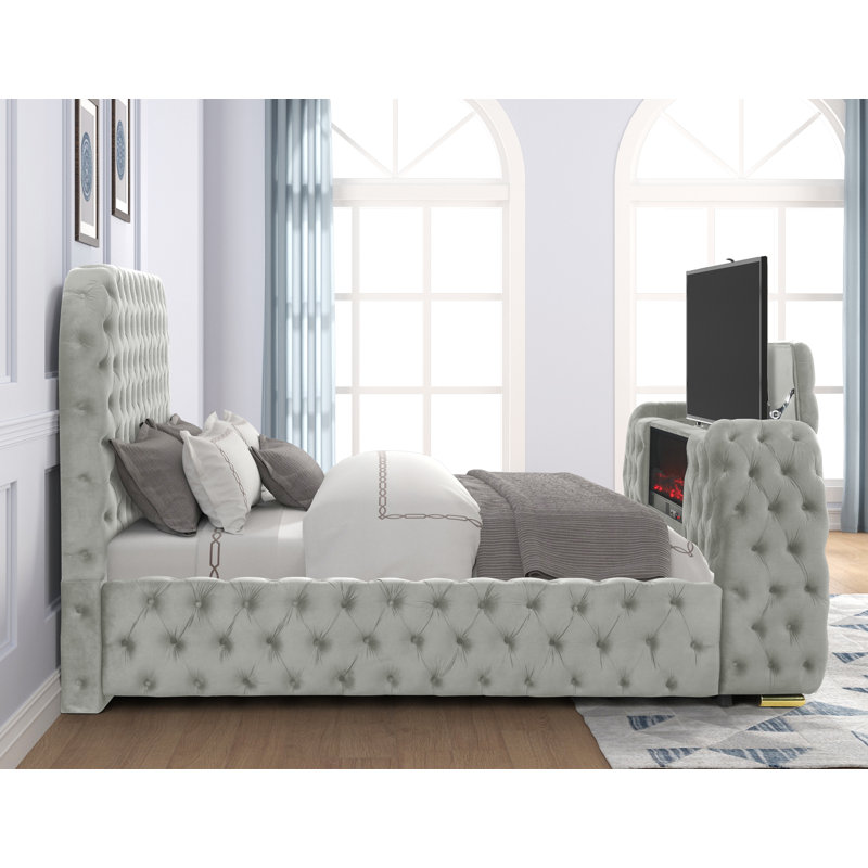 Brecken Upholstered Platform Bed with Tv Cabinet & Fireplace Display , California King, Gray