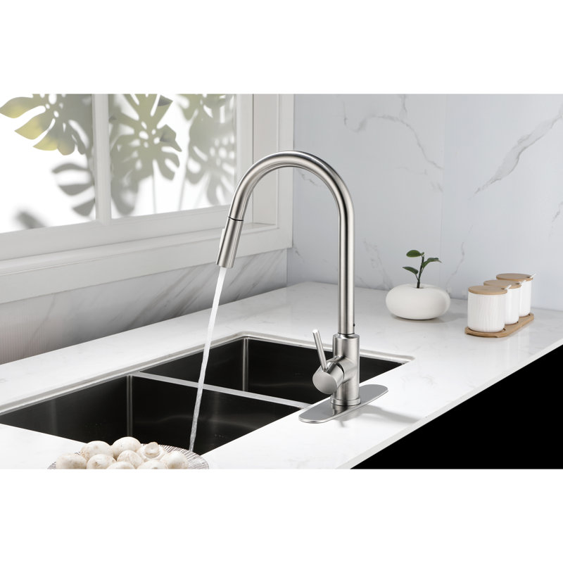 Pull Down Kitchen Faucet In Brushed Nickel - Stainless Steel, 360 Rotating Nozzle For Versatile Water Usage, Single Handle Easy Temperature And Flow Control, Corrosion Treatment Finish, Rotatable