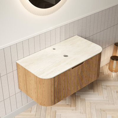 Armoire murale 36 po avec tiroir, surface en pierre frittée romaine, design naturel, couleur beige, contreplaqué résistant à l'eau, texture rayée 3D sur poignée rainurée