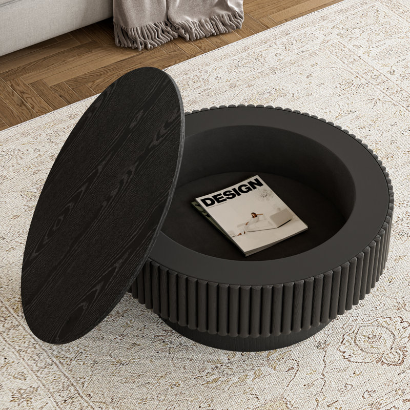 Round Drum Coffee Table with Storage, 14" H x 31.5" W x 31.5" D, Black