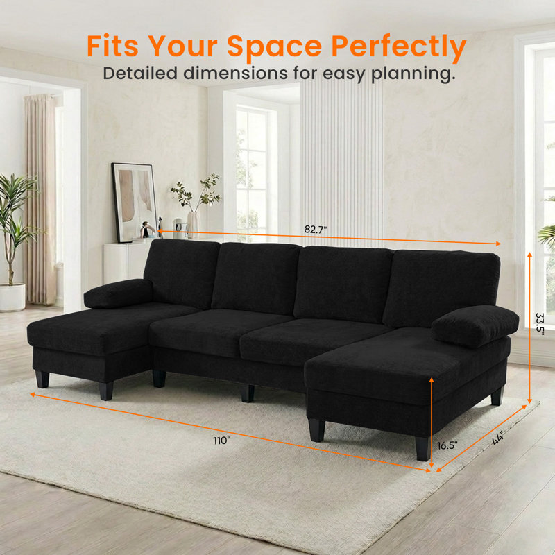 Canapé modulaire en chenille de 110 po en forme de U avec double chaises et accoudoirs larges, Noir