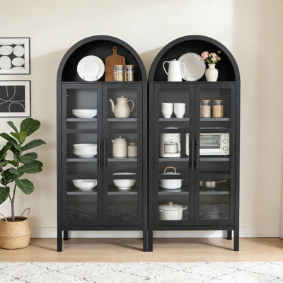 Ensemble de 2 vitrines arquées rustiques, armoire de cuisine en bois, 2 portes arquées en verre, avec rangement et tablettes réglables pour la salle à manger et le salon