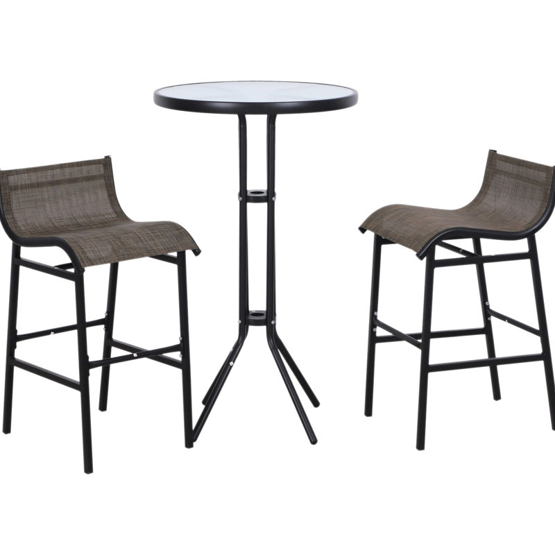 Tan 3 Piece Bar Height Outdoor Bistro . 2 Chairs And Round Patio Pub Table. All Weather Furniture For Gardens, Backyards, Balconies, Sunrooms, Poolside. Experience Comfortable Seating With Mesh.