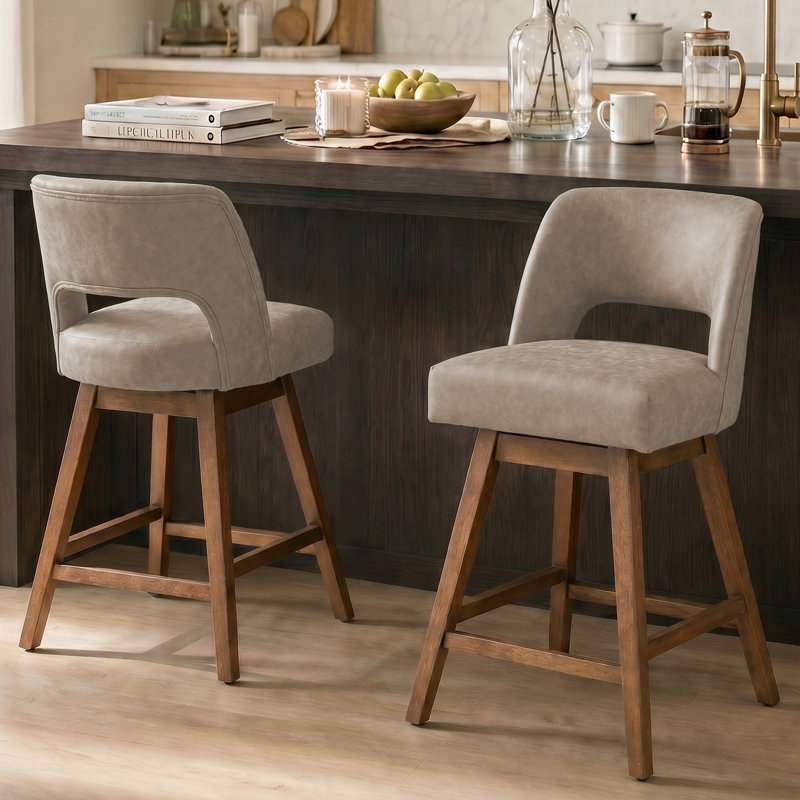 Tabouret de bar pivotant en similicuir Bisto, Finition noyer, Similicuir taupe