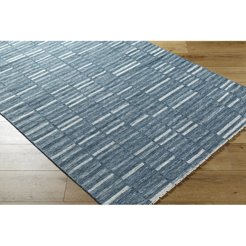 Marseille Flatweave Wool Striped Area Rug in Blue, Rectangle 6' x 9'
