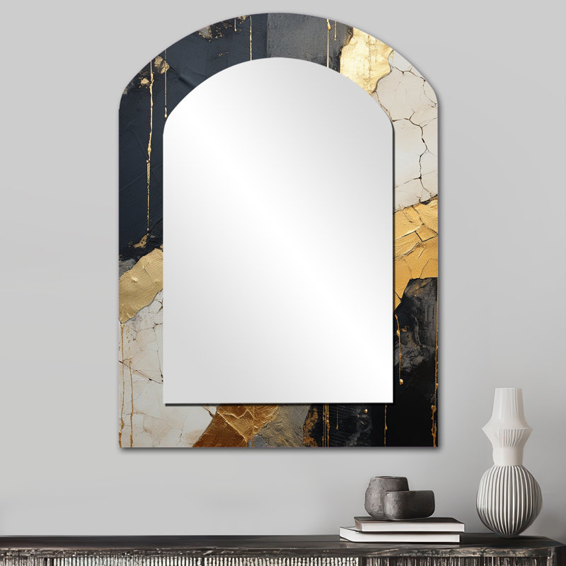 Black Gold Adorned Poteries V - Abstract Spirals Asymmetrical Decorative Wall Mirror, Black Arch Large Mirror, Printed Metal Art