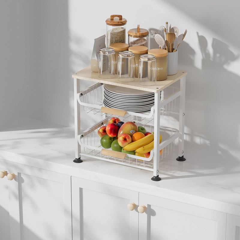 Fruit Basket Kitchen Food Organizer and Rack, Stackable Storage Cart with Desktop, Pull-Out Hollow Metal Basket, Sliding Out Storage