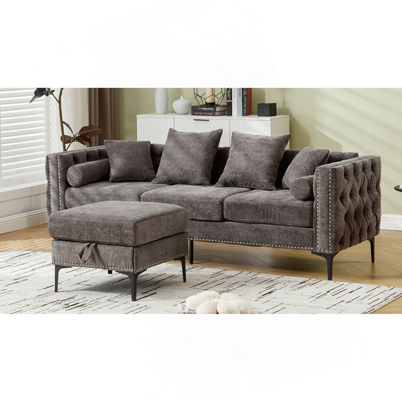 85" Chenille Tufted Sectional Sofa, Dark Gray