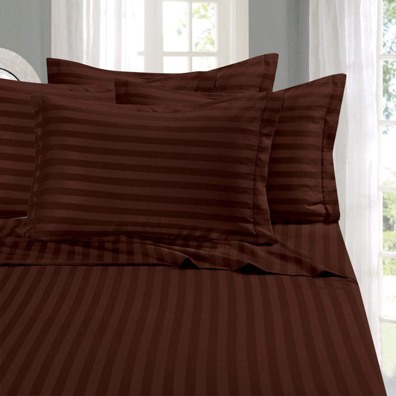 Microfiber Percale Striped Sheet Set, Brown, King Sheet Set with 2 Pillowcases