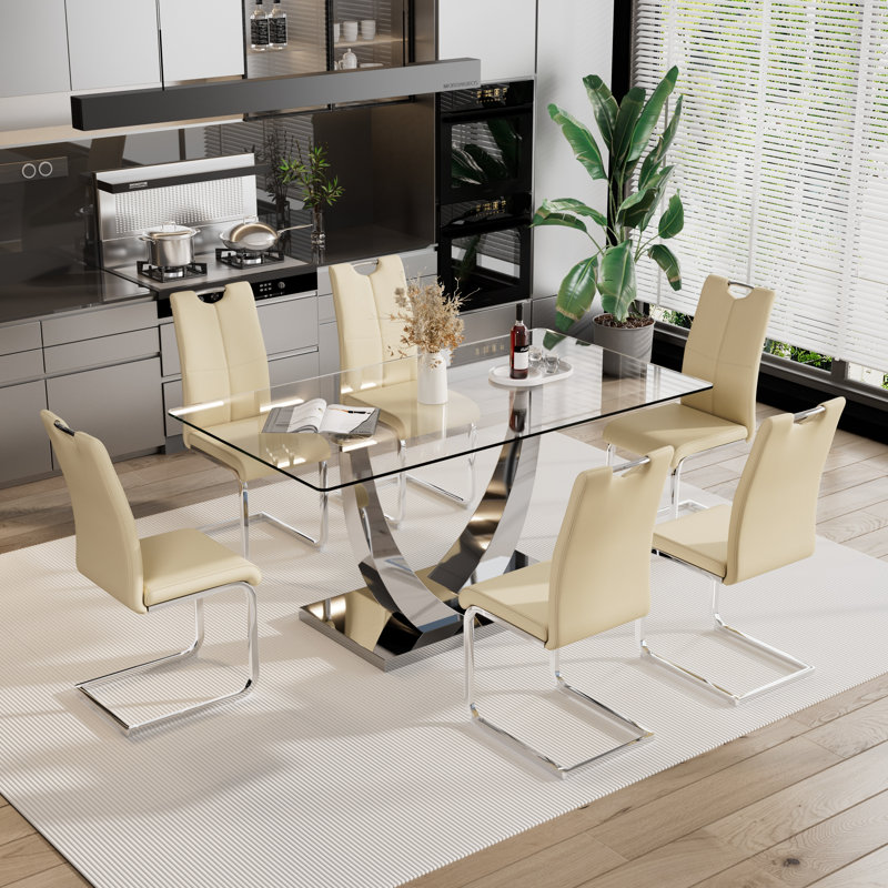 Ensemble de salle à manger 7 pièces, Argent, Beige/Argenté