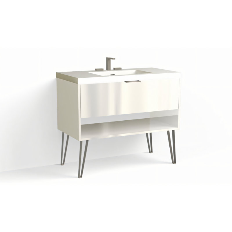 Modo 42" W Freestanding Single Bathroom Vanity with Dawson Leg, Polished Nickel, Matte White/8" Widespread, White Acrylic
