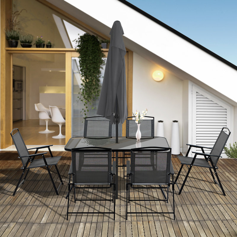 Jovannie Rectangular 6 - Person 55" Long Dining Set with Umbrella, Black