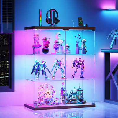3-Tier Glass Display Cabinet with RGB Sensor Lights, Solid Wood Storage Cabinet