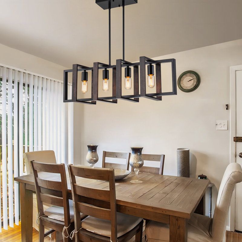 Luminaire suspendu linéaire en bois pour îlot de cuisine 4 lumières Rodnisha, Noir