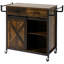 Chariot de cuisine industriel, îlot de cuisine roulant avec tablette réglable, deux tiroirs, armoire de porte de grange coulissante et porte-serviettes, brun rustique