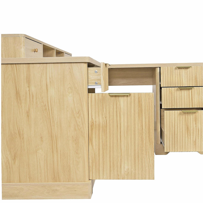 Bureau en L 59 po cannelé avec station de charge et armoire de rangement 59 po Modern, Chêne clair / chêne clair