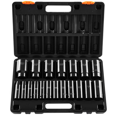 1/2 Inches 19 - Piece Deep Impact Socket Group, 6 Point High Performance Design, 3/8 1 Inch Sizes, Storage For Mechanics Wrench , Sockets, Construction, Cr V Material, Portable