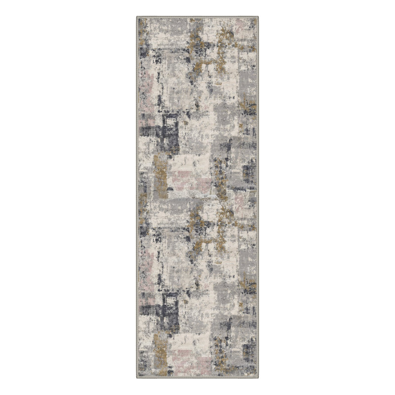 Mignone Novara Abstract Machine Washable Beige / Black / Grey Indoor Area Rug with Non-Slip Backing, Runner 2'3" x 6'