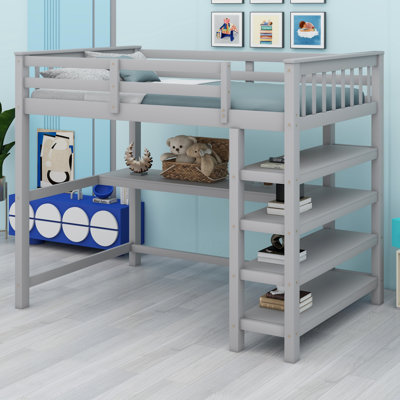 Lit mezzanine avec tablettes de rangement et bureau sous le lit