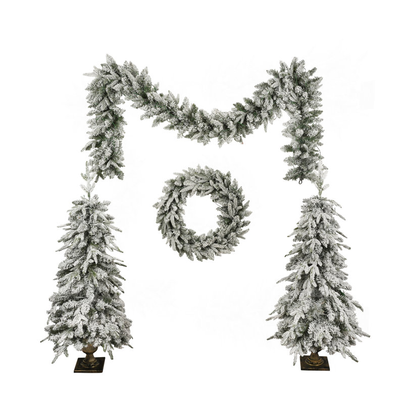 Ensemble de 4 pièces d'arbre de Noël artificiel pré-éclairé, guirlande, couronne et ensemble de 2 arbres d'entrée, X-Mas avec lumières DEL, ensemble de fête du PVC, vert