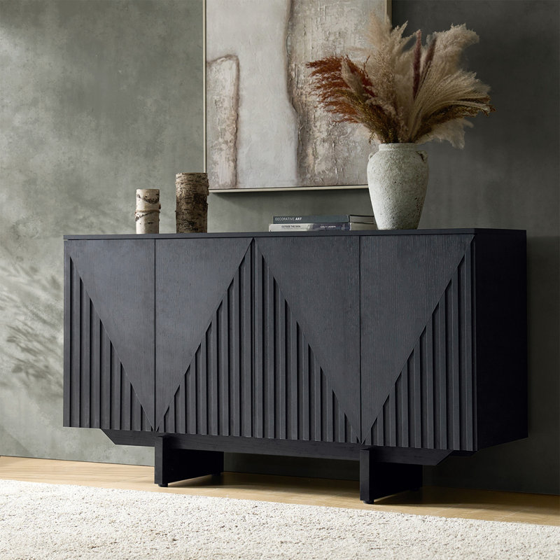 Martha 4-Door Fluted Manufactured Wood Sideboard with Adjustable Shelves and Cable Management, Black