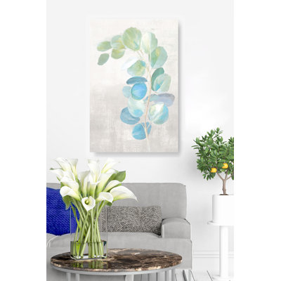Branches sur blanc et brun clair II, eucalyptus, bleu, cyan, bleu sarcelle, vert, plante, nature