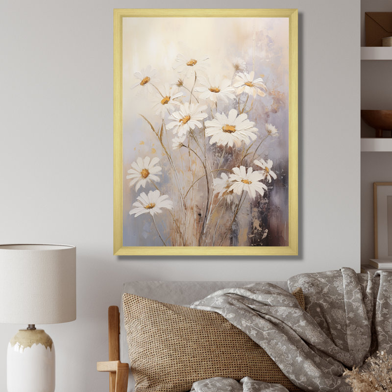 «White Daisy Fields Elegance IV», reproduction sur toile, H 20 po x l 12 po x P 1 po, Cadre doré simple