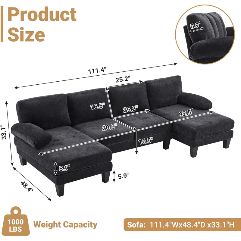 George Oliver 111‘W U-Shaped Sectional, Black Chenille