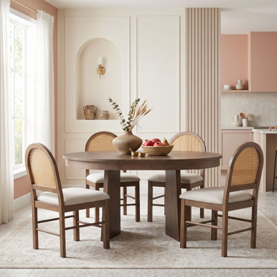 Ensemble de salle à manger rond extensible rétro 5 pièces pour 4 personnes avec quatre chaises rembourrées à dossier en rotin